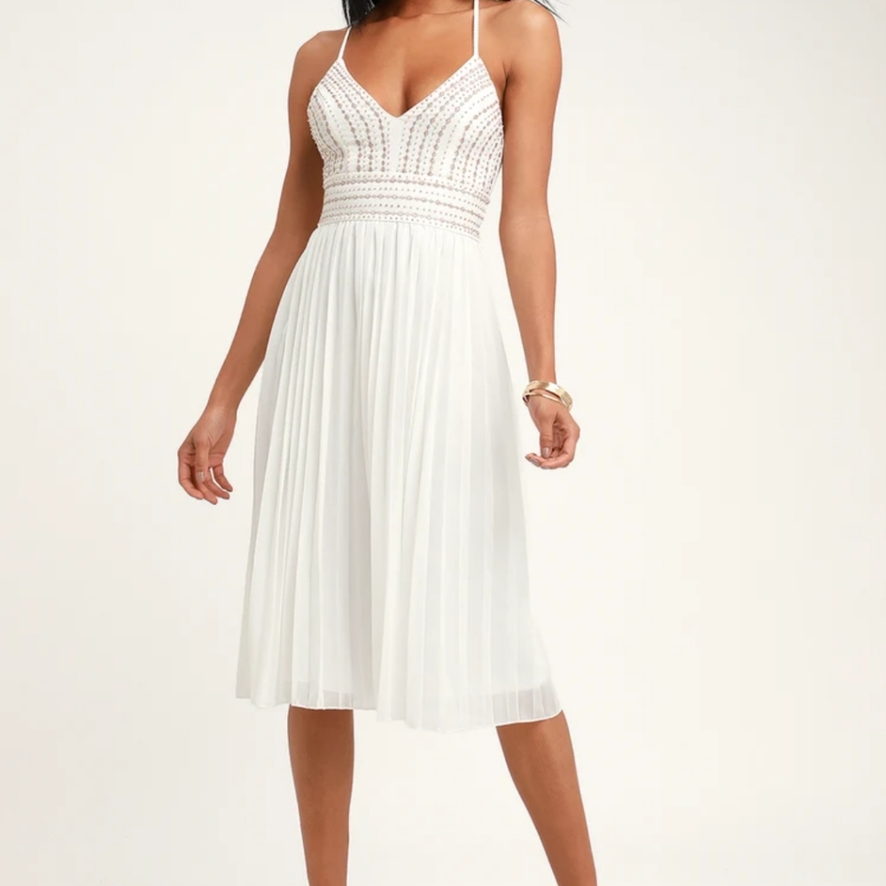 Lulus White Embroidered Beaded Midi Dress